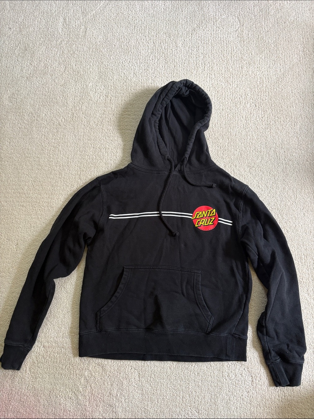 Santa Cruz Skateboards Black Hoodie with Red & Yellow Logo and White Stripes